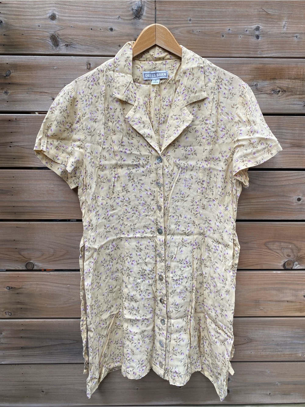 Vintage 90s Butter Yellow & Lavender Floral Rayon Mini Button Up Dress